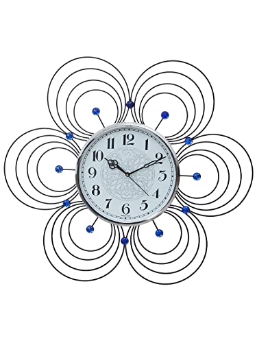 Image of CHRONIKLE Floral Design Analog Decorative Round Diamond Studded Crystal Metal Wall Clock for Living Room Home Decor Office Gifts (Size: 55 x 5 x 59 CM | Color: Blue | Weight: 1140 Gram)