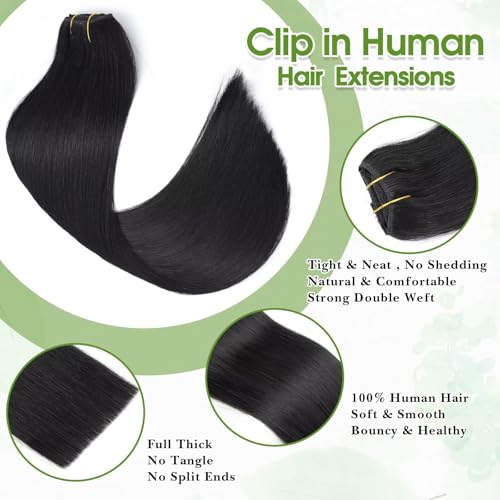 Image of Human Hair Clip in Extensions Real Human Hair Clip-in Jet Black Hair Extensions 16inch /65g Clip ins 100% Brazilian Remy Human Hair for Women Straight Soft Hair 8pcs Double Weft