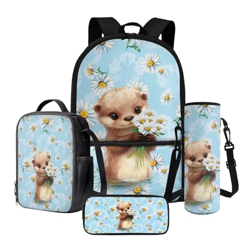 Xoenoiee Otter Daisy Flower Pattern Kids School Backpack 4Pcs Bundle with Insulated Lunch Box, Water Bottle Pouch, Pencil Case Back to School Supplies