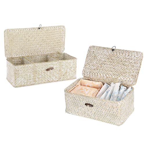 2 Piezas Cestas con Tapa Mimbre, Rectangular Tejidas a Mano Cesta Almacenaje, Cestas Almacenaje Mimbre para Baño, Sala de Estar, Cocina (Blanquecido)
