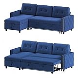 Zafly Modern L-Shape Sectional Sofa Couch with Pull Out Sofa Bed and Reversible Storage Chaise, Tufted Nailhead Design, 3-Seat Sofa Couch for Living Room - Blue