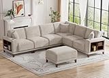Legend Vansen Oversized Modular Sectional Sofa,7-Seat Deep Seat Sofa with Ottoman,USB Ports,Hidden Cup Holders,Side Storage Cabinets in Armrests,U Shaped Couch in Chenille for Living Room (Cream, L7)