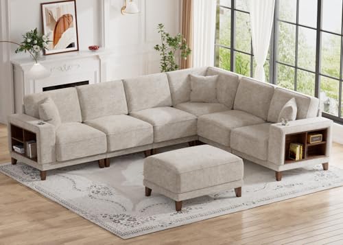Legend Vansen Oversized Modular Sectional Sofa,7-Seat Deep Seat Sofa with Ottoman,USB Ports,Hidden Cup Holders,Side Storage Cabinets in Armrests,U Shaped Couch in Chenille for Living Room (Cream, L7)