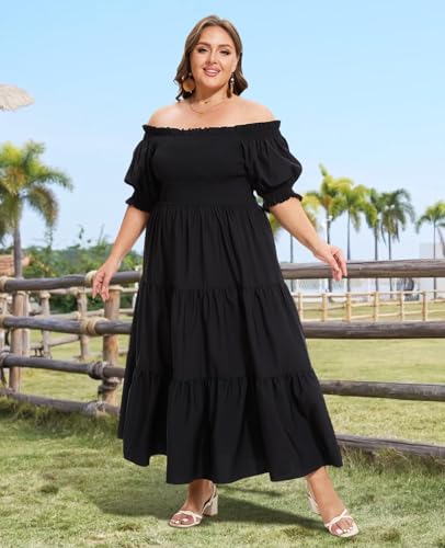 Women's Plus Size Casual Maxi Dress Square Neck Smocked Dress Short Puff Sleeve Floral Solid Summer Dress2