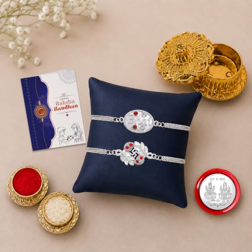 Image of Oblivion Designer Elegant Multicolor Bhai & Swastik Rakhi Combo for Brother Bhaiya with Golden Kankavati, Roli Tikka, Silver Color Pooja Coin & Greeting Card | Raksha Bandhan Gift Set | Pack of 6