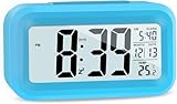 Vcxmpn Upgraded Digital Alarm Clock, 4.3' LED Display with Temperature Larger Lound Light Control Portable Snooze Calendar Brightness for Everyone (Blue)