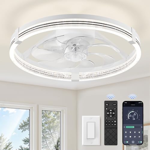 ZMISHIBO Low Profile Ceiling Fans with Lights, Flush Mount Modern Ceiling Fan and Remote Control, 20' LED Ceiling Fans, Stepless Dimmable 3 Colors and 6 Speeds