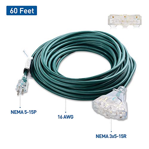 Cable Matters Lighted 16/3 Sjtw Weather Resistant 3 Outlet Outdoor Extension Cord 60 Ft, Ul Listed With Led Light In Green (Nema 5-15P To 3X 5-15R) - 60 Feet #TOP1