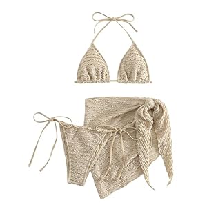 GORGLITTER Women’s 3 Piece Swimsuits Halter Triangle String Bikini Set with Beach Skirt Swimwear Set