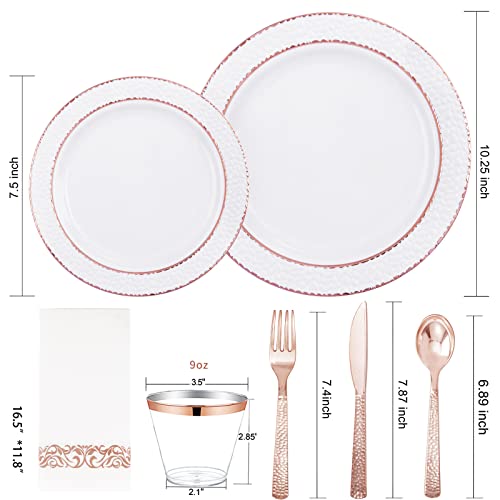 Pulote 175Pcs Rose Gold Plastic Plates - Rose Gold Hammer Plates With Rose Gold Plastic Silverware Include 50Plates,25Knives,25Spoons,25Forks,25Cups,25Napkins Ideal For Wedding&Party #TOP1
