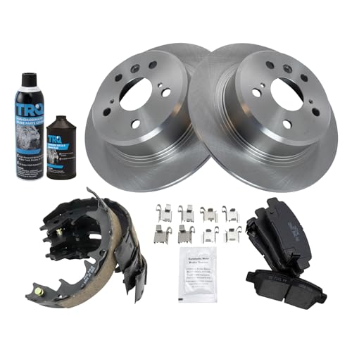 Image of TRQ Rear Brake Pad & Rotor Kit, with Chemical Kit Parking Brake Shoe Set Ceramic Compatible with 1998-1999 Toyota Avalon