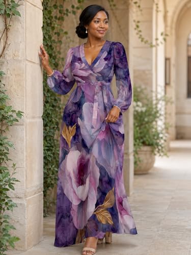 Image of PinkPatty Plus Size Dresses for Curvy Women V Neck Flowy Long Sleeves Wrap Maxi Dress Travel Vacation Outfits