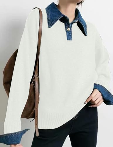 Image of Womens Denim Lapel Sweater Oversized Long Sleeve Button Down Polo Knit Pullover Sweaters 2025 Fall Outfits