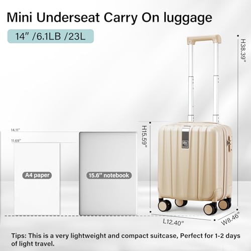 Image of Hanke 14 Inch Underseat Carry On Luggage with Wheels Hard Shell Suitcases Carry On Bag Lightweight Small Mini Suitcase Travel Luggage for Travel Christmas Gifts for Birthday（Cuba Sand）
