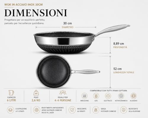 Miniatura 2 de Intignis Wok Con Tapa Apta Para Horno, Cocina Antiarañazos, Artículos Esenciales Para El Hogar, Para Saltear, Asar, Asar, Asar, Sartén Grande De Acero Inoxidable De 30 Cm