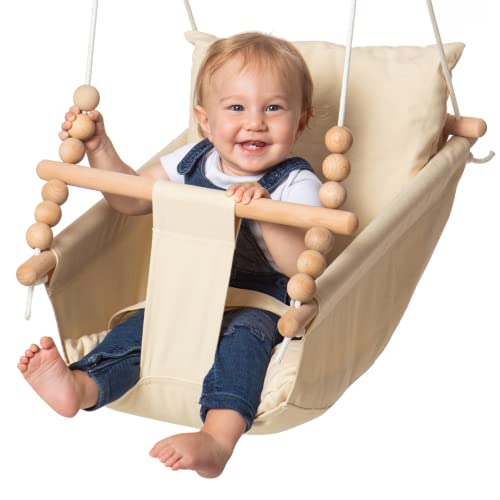 Image of Outdoor and Indoor Baby Hammock Swing Seat By Frobel - Canvas Boho Hanging Baby Swing for Baby to Toddler 1 Year to 4 Years Old, Hanging Kit and Anchor Included, Safe and Secure, Beige