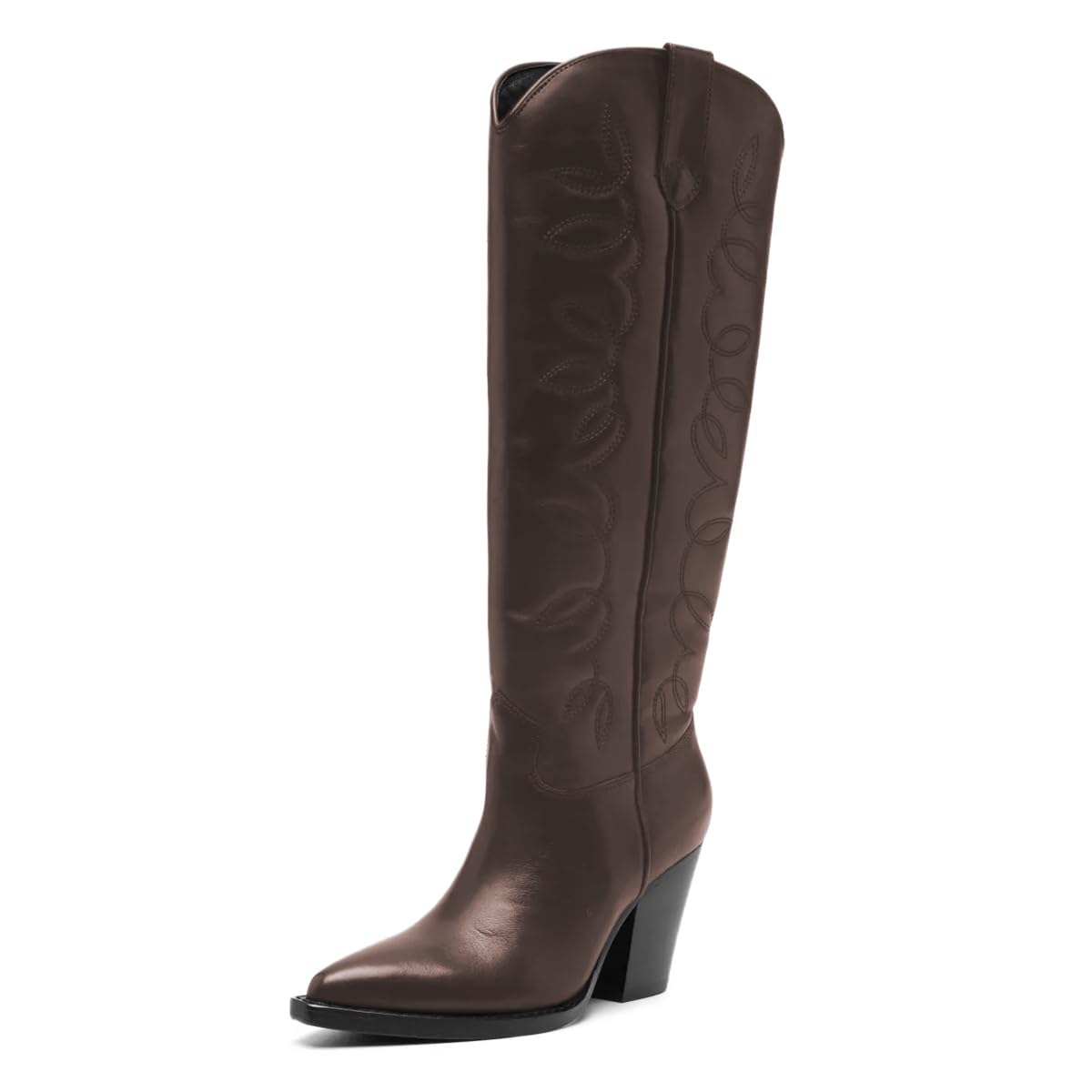 Women Pointed Toe Embroidered Knee High Boots Pull on Block Chunky High Heel Cowgirl Wide Calf Boots Winter