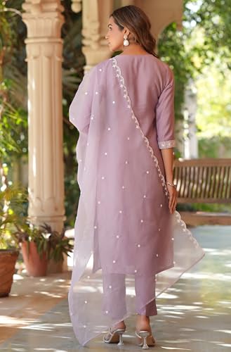 Janasya Indian Women's Silk Blend Lavender Embroidered Festive Wear Kurta Set for Women4