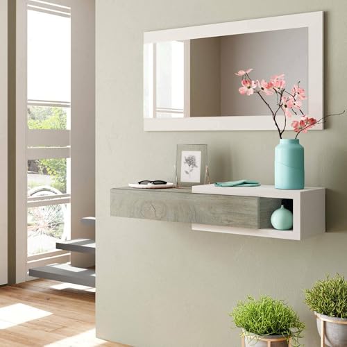Dmora - Mobile da ingresso Mcallen, Entratina reversibile con specchio, Mobile per atrio con cassetto, Svuotatasche per appartamenti, 95x26h69 cm, Bianco e Rovere