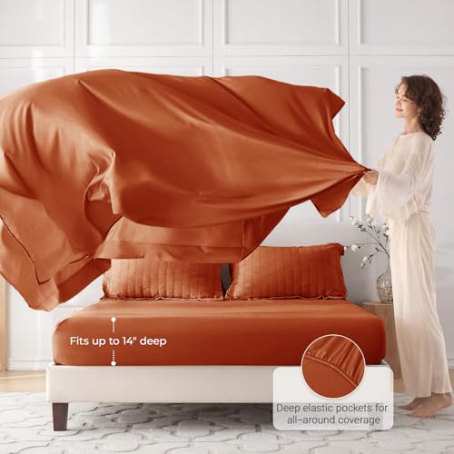 Image of MUXHOMO 7 Pieces Oversized Queen Comforter Set, Seersucker Bed in a Bag Oversized Queen Size, All Season Luxury Bedding Set with Comforter, Flat Sheet, Fitted Sheet, Pillowcases & Shams, Burnt Orange