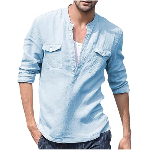Mens Button Down Henley Shirts with Two-Pocket Long Sleeve Crewneck Lightweight Sports Tops Casual Solid Color Tees