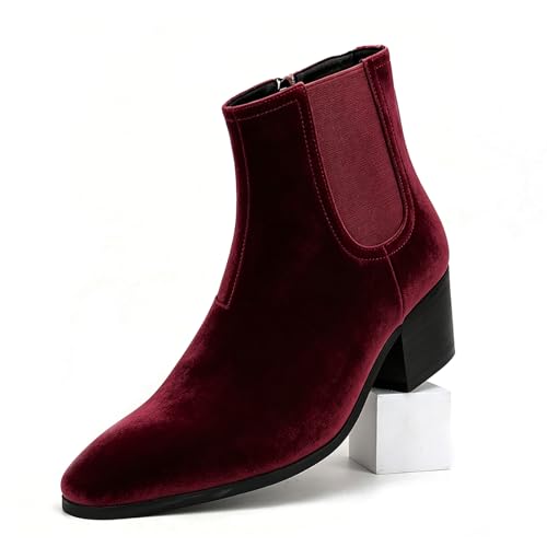 Image of Men'S Classic Leather Chunky Heel Chelsea Boots With Side Zipper Fashion Pointed Toe Elastic Band High Top Block High Heel Formal Chukka Booties For Casual Business Party Wedding