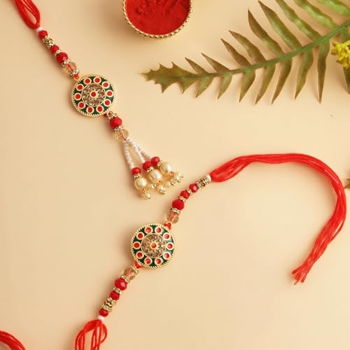 Image of TIED RIBBONS Rakhi for Brother and Bhabhi - Premium Couple Rakhi's Set of 2 with Roli Chawal Tikka - Hanging Lumba Rakhi for Bhaiya Bhabhi - for Rakshabandhan