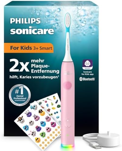 Philips Sonicare for Kids Smart elektrische Zahnbürste - Schallzahnbürste mit App, für Kinder 3+, 2 sanfte Putzprogramme, 2-Minuten-Timer, 2 Bürstenköpfe (Standard + Mini), Pink, M