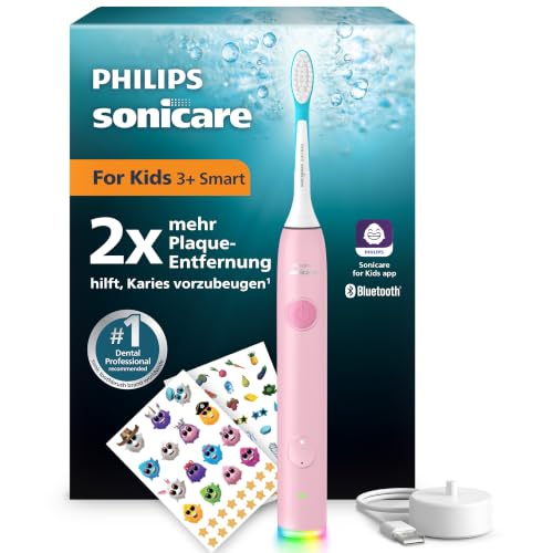 Philips Sonicare for Kids Smart elektrische Zahnbürste - Schallzahnbürste mit App, für Kinder 3+, 2 sanfte Putzprogramme, 2-Minuten-Timer, 2 Bürstenköpfe (Standard + Mini), rosa, Modell HX6600/11