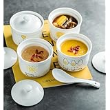 茶碗蒸し 蓋付き ココット 4個セット 蒸し碗 耐熱 ココット皿 スープカップ デザートカップ 電子レンジやオーブン対応 食器洗い機 かわいい柄 蒸し茶碗器 離乳食 一人食料理 業務用 家庭用 (ホワイト01×4個, 口径9.8*高7.2CM)