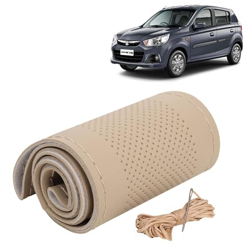 Image of KINGSWAY PU Leatherite Car Steering Cover Sewable Compatible with Maruti Suzuki Alto K10 (Year 2014-2022), Beige Color with Beige Thread, Pack of 1 with Sewing Needle and Thread