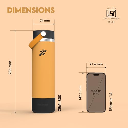 Image of VBOTT GENFLASK ZEMI -800 ml|Thermosteel Flask with Carrying Loop| SS 304 Water Bottle|Hot /Cold-18 /24 hrs|Insulated Bottles|Black /Mango Colour|Multipurpose