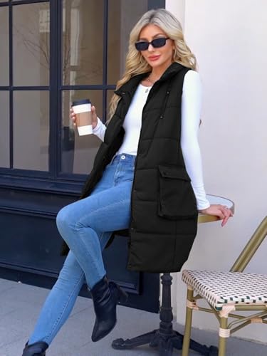 Women's Long Puffer Vest Oversized Stand Collar Quilted Lightweight Sleeveless Vests Outerwear Jacket2