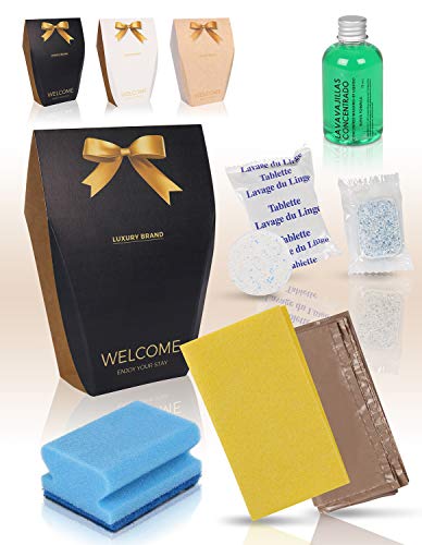 MAXIMA AMENITIES Pack de 20 Kits de Limpieza para Cocina en Alojamientos Turísticos, Campings y B&B - Incluye Bayeta Amarilla, Salvauñas Azul, Lavavajillas 75ml, Pastillas y Bolsa de Basura