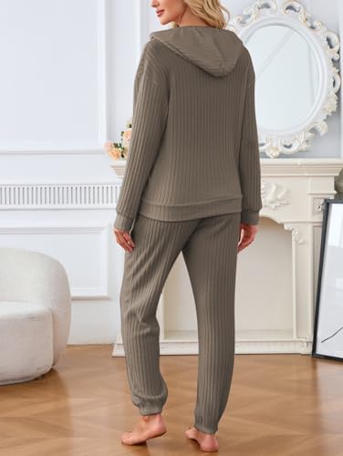 Image of Famulily 2 Pieces Ribbed Knit Outfits Drawstring Hoodies Jogger Pants Matching Pajama Sets with Pockets