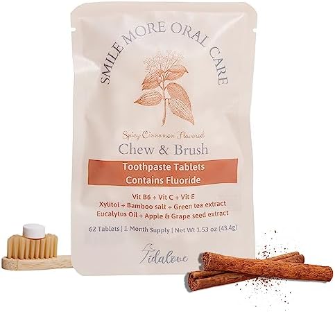 Tidalove Smile More Toothpaste Tablets with Fluoride, Anti-Cavity, Vegan, Zero Waste, Eco-Friendly, Travel Friendly, 1 Month Supply Refill (62 Tablets) (Spicy Sweet Cinnamon)