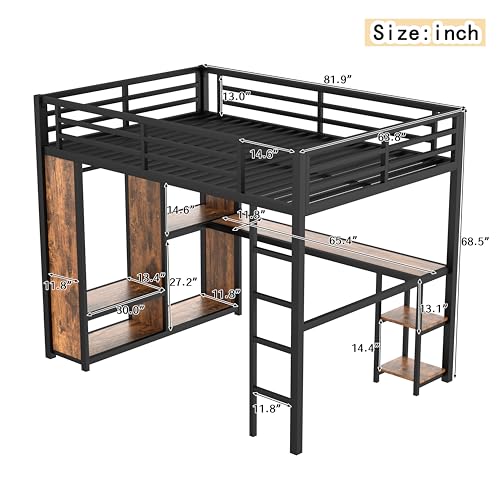 Image of Bellemave Queen Size Loft Bed with Desk and Wardrobe, Metal Queen Loft Bed Frame for Adults, Kids, Teens, Black and Woodgrain