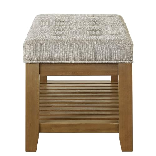 Image of 24KF Large Rectangular Upholstered Tufted Linen Fabric Ottoman Bench, Padded Bench with Solid Wood Shelf-Linen