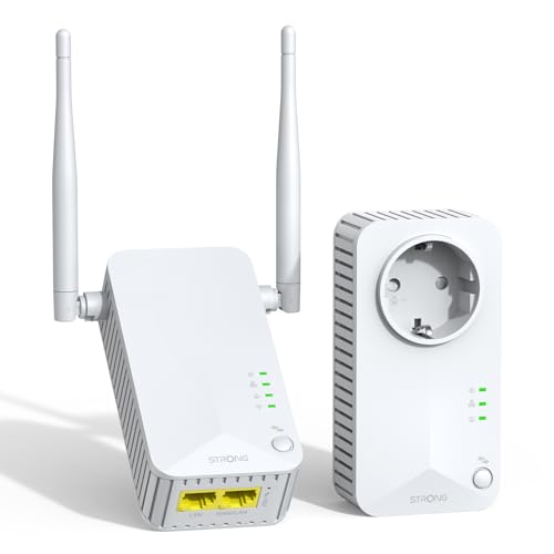 STRONG AV600 Powerline Adapter Setmit Steckdose, WLAN 300 Mbit/s, HomePlug AV2 Powerline Internet Verstärker, Plug & Play, EIN Knopf Sicherheit, 100 Mbit/s LAN Ports (POWERLWF600DUOEUV2)