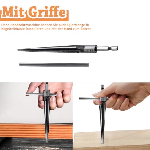 Treki 2 Stück Handlich Konische Reibahle mit T-Griffe Stahl Kegelreibahle zum Bohren Loch 3-13mm und 5-16mm, Kegel Handreibahle mit Sechskantschaft für Gitarre Holzarbeiter Bohrwerkzeug
