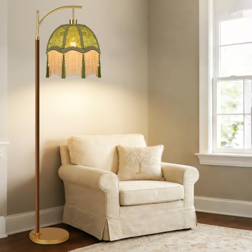 Image of Wood Floor Lamps for Living Room Arc Boho Floor Lamp with Remote Control &3 Color Temperature,Vintage Green Floor Lamp Flower Mid Century Modern Standing Lamp Fringe Tall Floor Lamp for Bedroom Corner