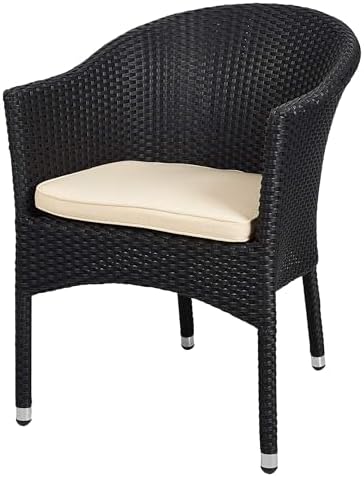 TRY & DO Patio Outdoor Rattan Wicker Dining Chair with Removable Soft Cushion, Indoor Outdoor Rattan Dining Chair for Garden, Balcony, All-Weather Armchair, No Assembly Required, 1 PC(Black)