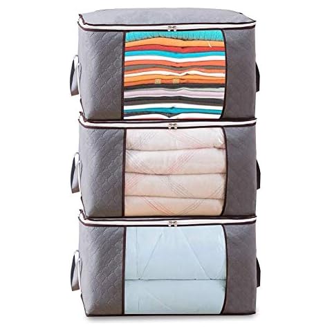 HINMAY Foldable Storage Bag Organizers, Waterproof Anti-Mold Moisture Proof Clothes Storage Bags with Clear Window Carry Handles for Blanket Comforter Bedding, Closet Storage Boxes (Grey, 3 Packs) Cover