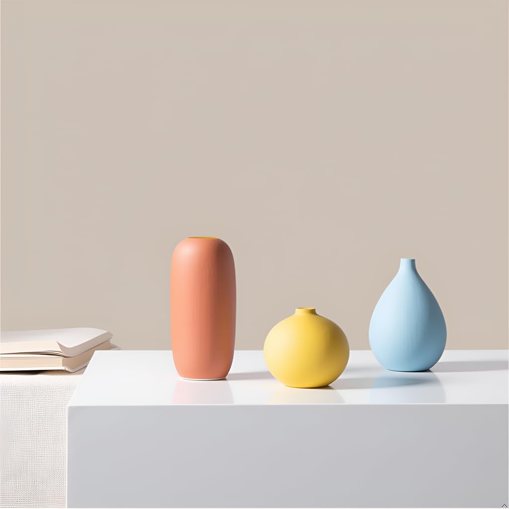 Small Multi Color Ceramic Vase Set 3 for Modern Home Table Decor, Living Room, Tabletop, Bedroom, Shelf, Office Bookshelf, Entryway, Coffee Table Mantel, Rustic Farmhouse Decorative Vases - Image 9