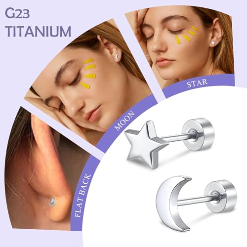 2 Pairs Flat Back Earrings Women, Titanium Star and Moon Earrings, Heart & CZ Flatback Stud, Butterfly & Lightning Screw Back, Crosses and Triangles Stud, Gold/Pink/Silver/Black Options3