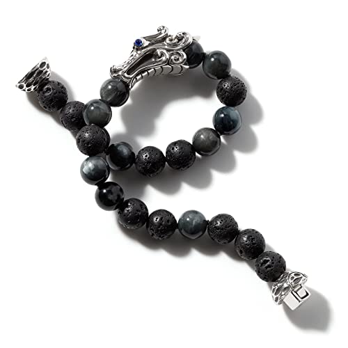 John Hardy Men's Legends Naga Silver Bracelet With Pusher Clasp With 8Mm Eagle Eye & 8Mm Black Volcanic Beads And Blue Sapphire Eyes, Size S Medium #TOP2