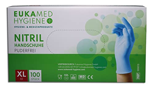 Eukamed Hygiene GmbH Nitril-Handschuhe XL, 100 Stück, puderfrei, latexfrei, hypoallergen, Lebensmittelhandschuhe, medizinische Einweghandschuhe (Pack á 100 Stück)(Größe XL) Cover