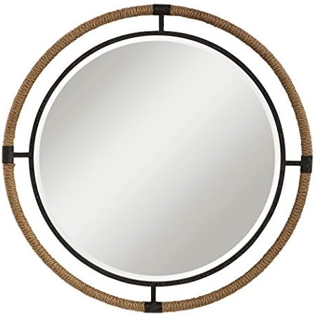 MY SWANKY HOME Coastal Rope Wrapped Frame Round Wall Mirror | Black 36" Vanity Rustic Cottage