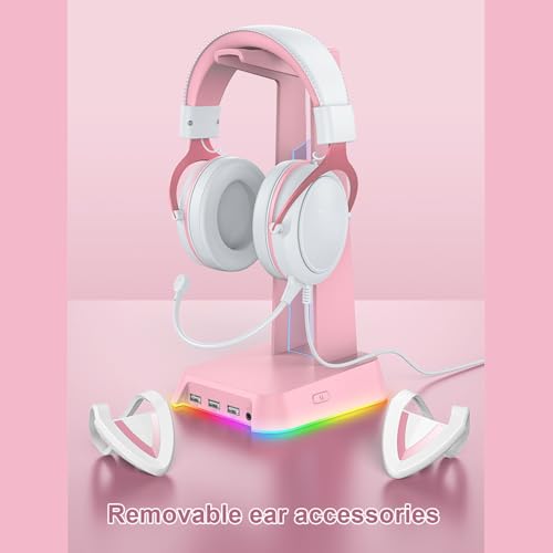 Image of Denash Cat Ear Headphones, Wired RGB Gaming Headset with Mic, Luminous Noise Reduction Over Ear Cute Headphones for Gamers (White Pink with Cat Ears Decor)