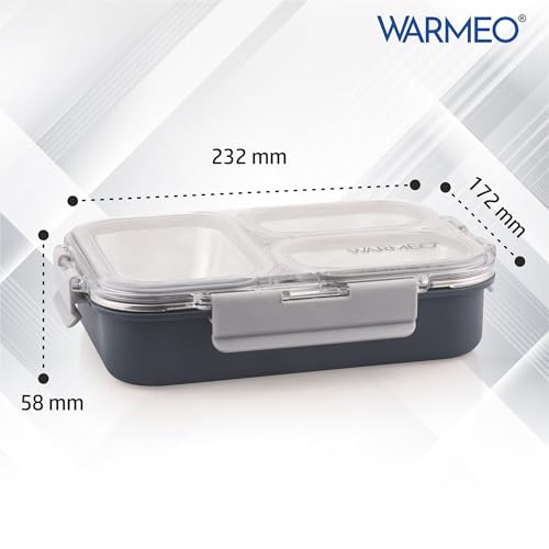 Image of WARMEO BENTO Microwave-Safe Stainless Steel Lunchbox with 3 compartments,bpa Free,Perfect for Office, School, Travelling, 750ml-Grey